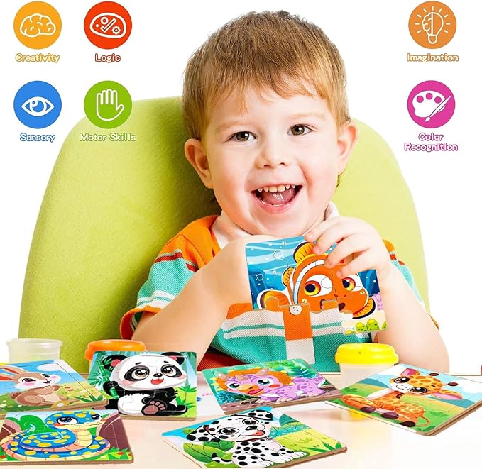 8 Pack Jigsaw Puzzles for Toddlers 1-2 3-6, 9 Piece Farm Animal Wooden Puzzles for Toddlers, Children Learning Educational Puzzles Toys for Boys Girls (Style 1)