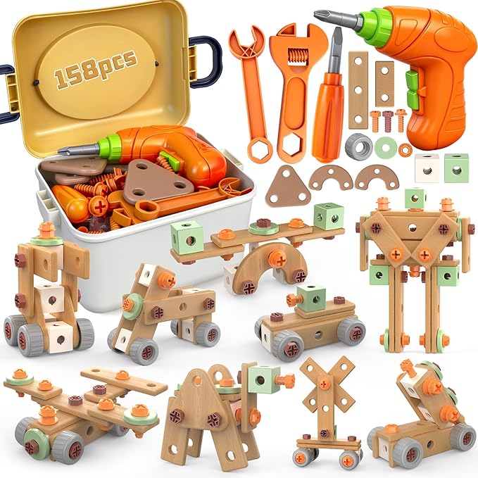 YongnKids 158 Pcs Kids Tool Set with Drill, Construction STEM Building Blocks with Storage Box Educational Tool Kit Pretend Play Kid Toy for Kids Age 3 4 5 6 7 8 Years Birthday Gift