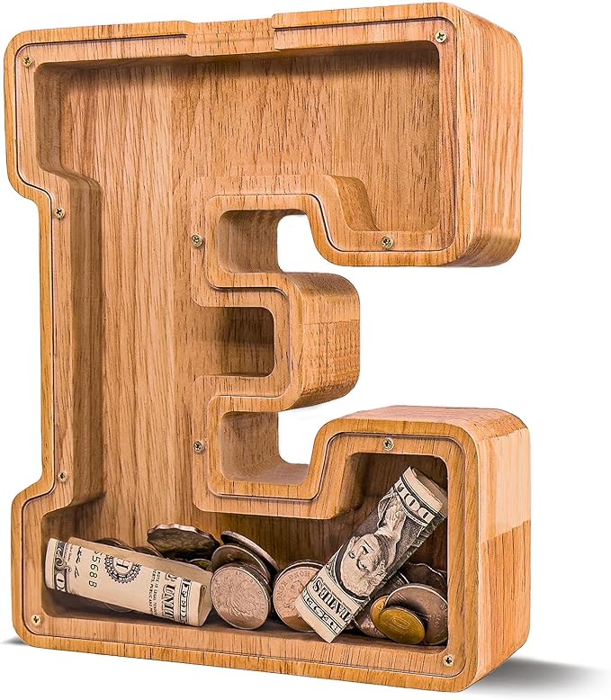 Wooden Letter Piggy Bank for Kids Larger Alphabet Letter Bank for Boys Initial Coin Bank Personalized Piggy Bank Wood Money Save Box for Birthday and Festival-Upgrade 9"" E Piggy Bank