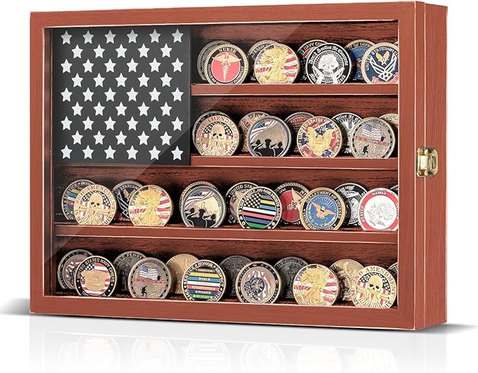 Challenge Coin Display Case, Lockable Solid Wood Military Coin Holder Cabinet with Star Flag Board and Anti-Fade Acrylic Front, Wall Mounted 4-Tier Coin Collection Shadow Box Rack (Brown)