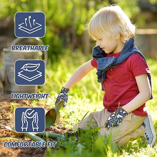 HANDLANDY 2 Pairs Kids Genuine Leather Gardening Gloves for ages 3-11, Children Toddler Work Outdoor Playing Gloves for Boys Girls Gift (Small (for age 2-4), Blue)