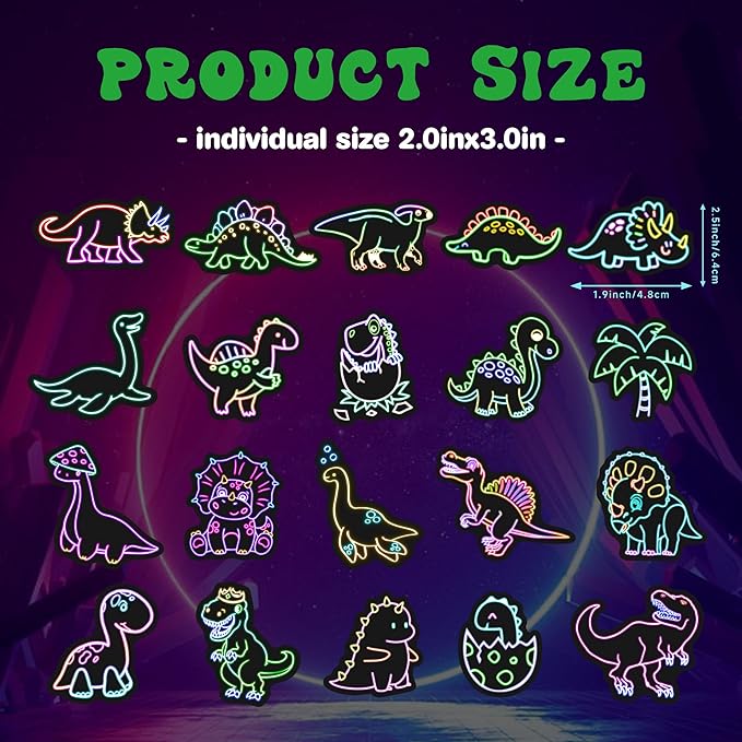 51 Pcs Neon Dinosaur Stickers for Kids Glow in The Dark, Dinos Sticker for Water Bottle, Vinyl Waterproof Laptop Decals for Teens Girls Boys, Students Adults Sticker Pack