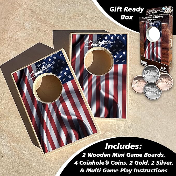 Coinhole Desktop Coin Bouncing Party Game Set | Tabletop Cornhole Board Game | Small Cornhole Travel Game Includes Coins