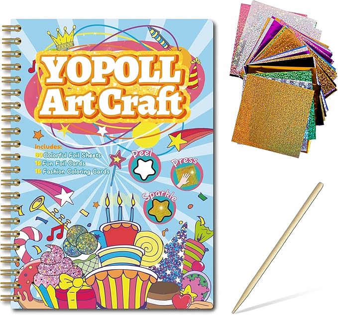 Fun & Mess-Free Foil Art Kit for Kids – 80 Foil Sheets & 32 Art Cards, No Glue Needed, Creative Craft Gift for Christmas Halloween Holiday Birthday（Birthday Version）