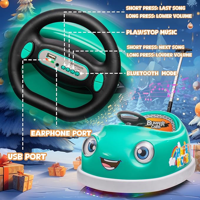 12V Dual Battery Electric Ride on Kids Bumper Car w/Remote Control,360 Degree Spin,Push Rod Rocker Horse Function,3-Speeds Babies & Toddlers Bumping Car Ride on Toy Gift for 1-4 Years Children（Green）
