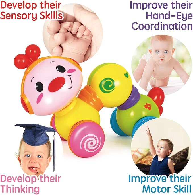 Stone and Clark Musical Press & Go Caterpillar Toy, Baby Toys 6 to 12 Months, Light Up Head Inchworm Infant Toys, Baby Crawling & Educational Toys for 1 Year Old Boys & Girls