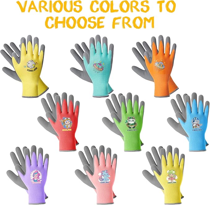 COOLJOB 3 Pairs Kids Gardening Gloves for Little kid Age 3-5, Children Toddlers Boys Grippy Rubber Coated Work Gloves, Red & Green & Blue (Explorer, Small S)