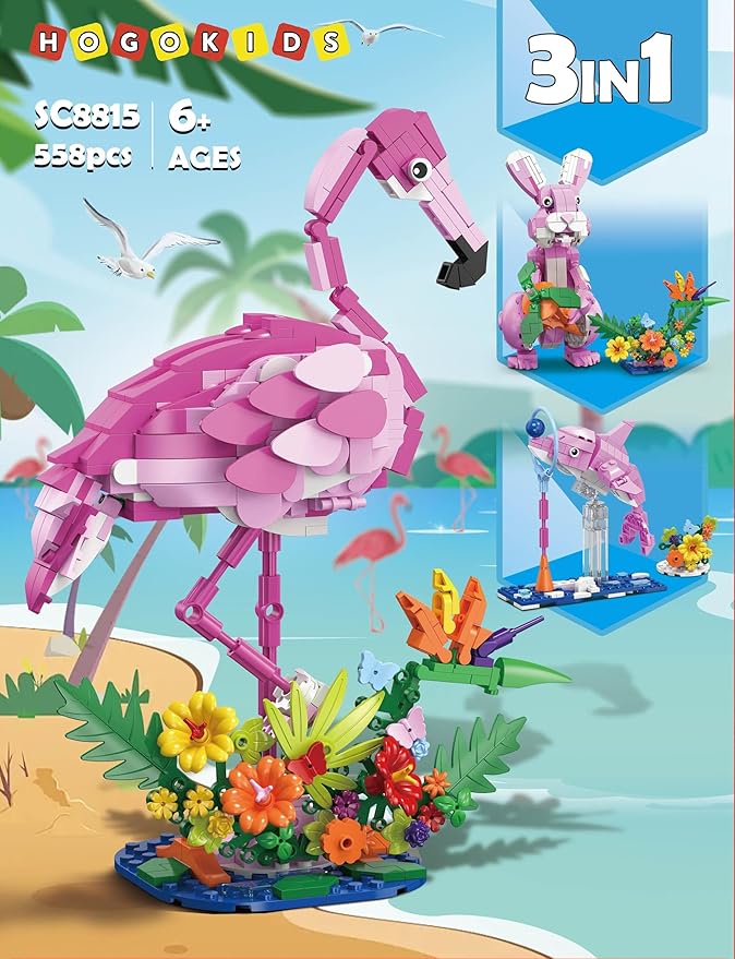 HOGOKIDS 3 in 1 Pink Flamingo Building Set with Flowers, Animal Figure with 3 Building Options - Flamingo, Bunny, or Dolphin, 558PCS Creative Easter Birthday Gift, Learning Toy for Kid Girl Boy Age 6+