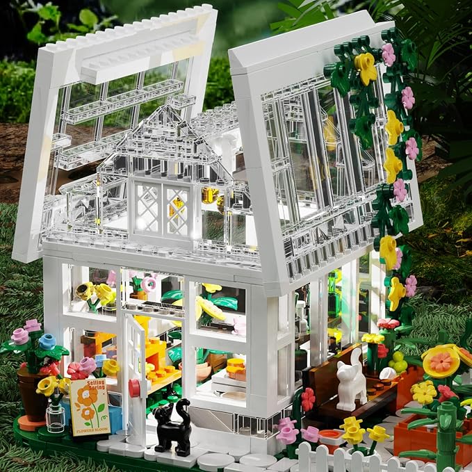 Flower House Building Mini Set with LED, City Street View Greenhouse Building Blocks Toy, Valentine Xmas Gift for Friends or Girls 8-12 Year
