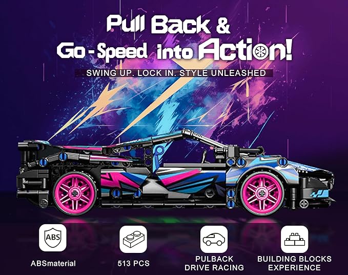 Sosuy Building-Block Race-Car Set, 1:18 Technical Model Kit 513 Pcs DIY Pull-Back Cyberpunk Toy for Boy Girl Kid Age 6+ Year, Birthday Gift for Teen Adult Display, Speed Super Sports Cars Bricks Icons