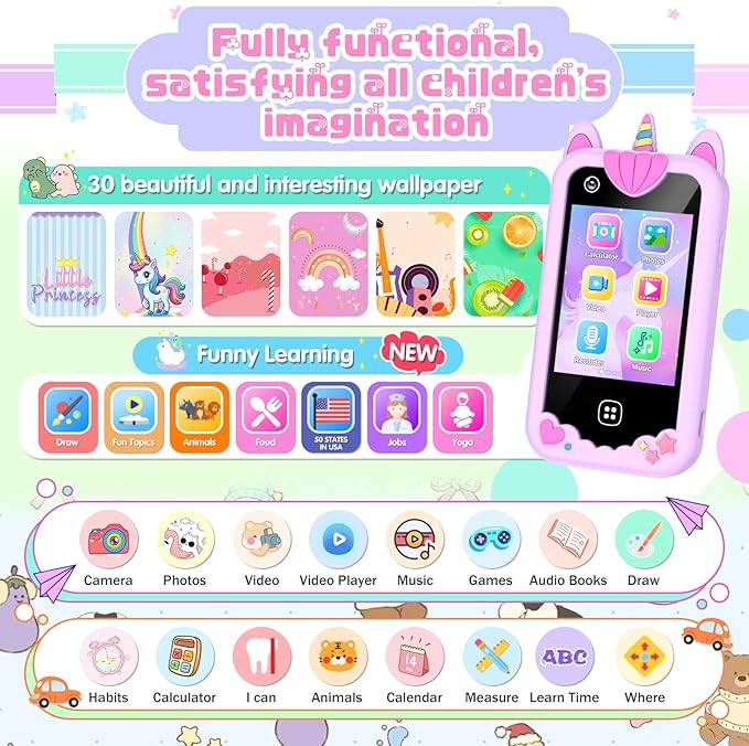 Kids Smart Phone for Girls, Kids Toys Cell Phone 2.8" Touchscreen Toddler Learning Play Toy Phone with Dual Camera, Game, Music Player, 8GB Card Birthday Gifts for Girls Boy Age 4-12 (Purple)