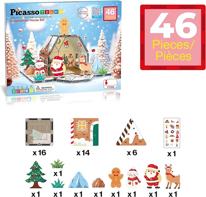 PicassoTiles Magnetic Tiles Gingerbread House Holiday Character Action Figures Santa, Snowman, Deer Winter Theme Construction Kit Magnet Building Blocks STEM Learning Gifts Toddler Toys Ages 3+ PTQ09