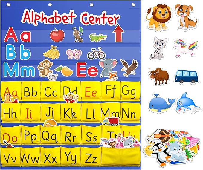 ZKOO Alphabet Learning Pocket Chart, Alphabet Wall Chart 104 Animal Flash Cards and 26 Lowercase and Uppercase Letter Cards, Student Daily Learning The Letter, Great for Classroom Homeschool