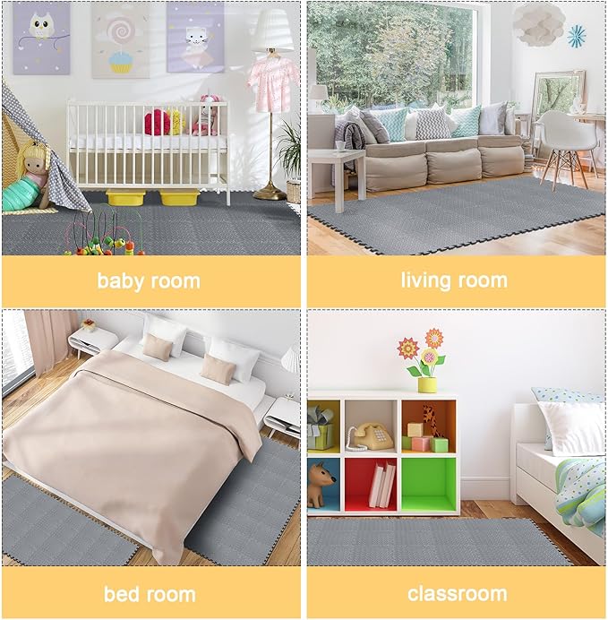 Shihanee 16 Pcs Foam Floor Baby Tiles 11.81 x 11.81 inches Foam Floor Mats Play Mats Bulk with Borders Interlocking for Kids Baby Playroom Nursery Gym（Gray）