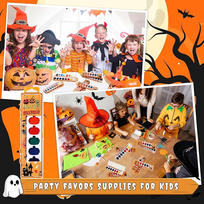 24 Pack Halloween Pumpkin Watercolor Paint Set for Kids 8 Washable Colors with Brushes Water Color Painting Kit for Halloween Painting Kit Gift Party Supplies