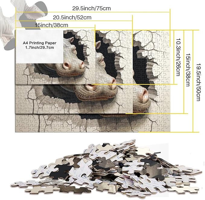 Hippo for Adults Fun 1000 Piece 3D Animal Thickened Wooden Jigsaw Puzzles Stress Relief Toy Home Decoration Toy Intellectual Game Education Game Premium & Durable 1000pcs (75x50cm)