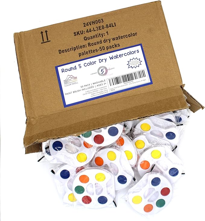 Color Swell Bulk Watercolors Round Paint Pack with Brushes - 50 Sets with 5 Washable Colors Each - Great for Kids, Classrooms, Parties, Students, Donations, Party Favors, All Ages