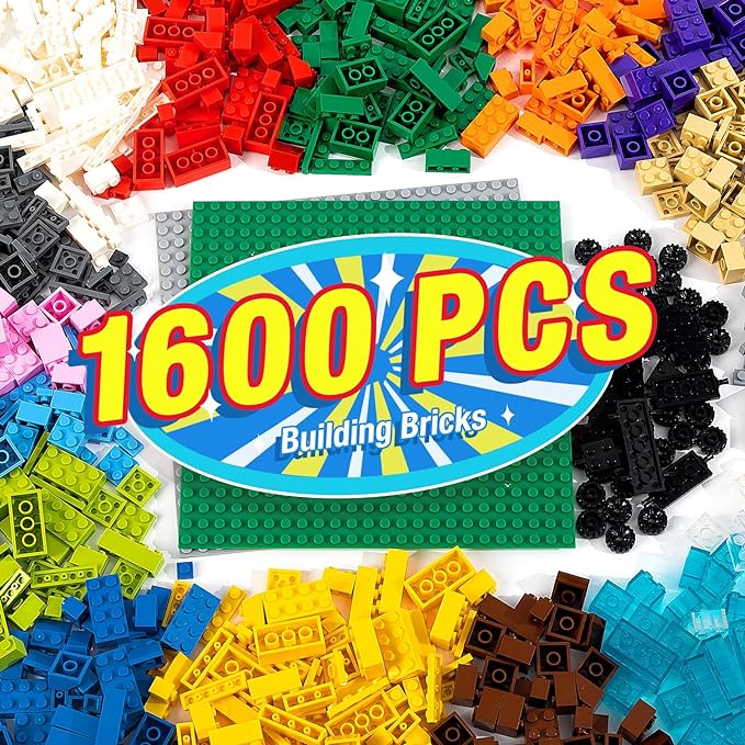 1600 Pieces Building Bricks, Building Bulk Block with 2 Packs 24x24 Studs Sticky Plate and 46PCS Wheel Accessory - Compatible with All Major Bricks, Gfits for Kid - 18 Shape/16 Color