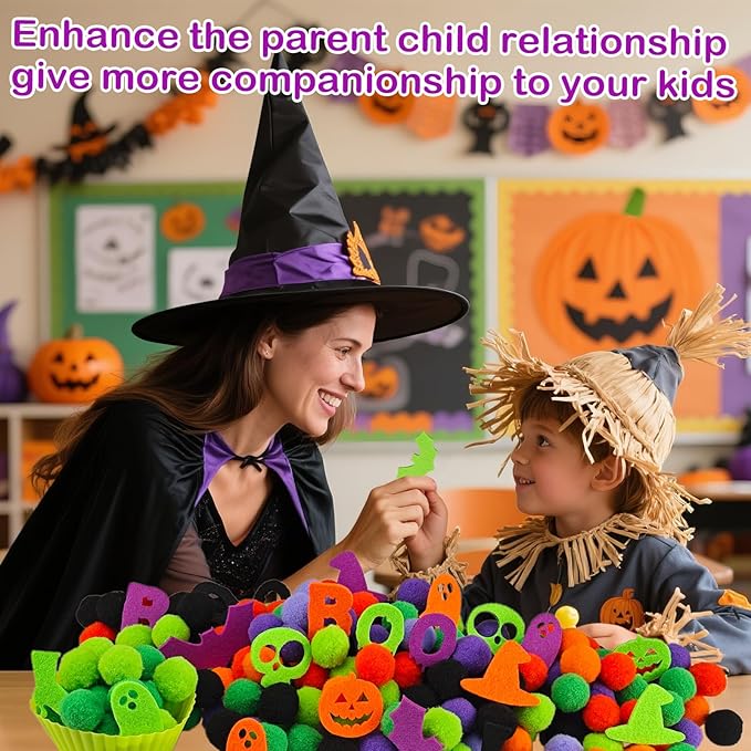 213 Pcs Halloween Felt Sensory Bin Filler Sensory Bin Items Fine Motor Toys Counting Sorting 100 Pom Pom 100 Felt Bat Ghost Pumpkin 8 Sorting Cups for Halloween Sorting Counting Training