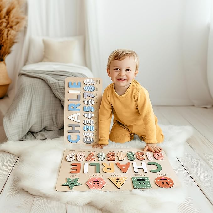 Custom Handmade Name Puzzle with Shapes, Numbers and Names, Personalized Birthday Gift for Kids, Christmas Gifts for Toddlers, Unique New Baby Gift, Wooden Montessori Toy
