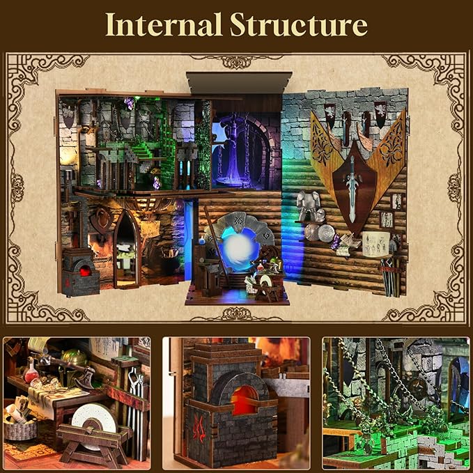 DIY Book Nook Kit, DIY Miniature Dollhouse Booknook Kit, 3D Wooden Puzzle Bookend Bookshelf Insert Decor with LED Light for Teens and Adults (Blade and Magic)