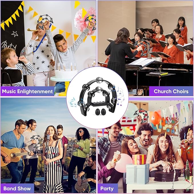 Tambourine Double Row Metal Jingles Bell Hand Held Percussion Half Moon Tambourines Musical Instrument for Adults Kids Party, KTV, Events, Church (Black)