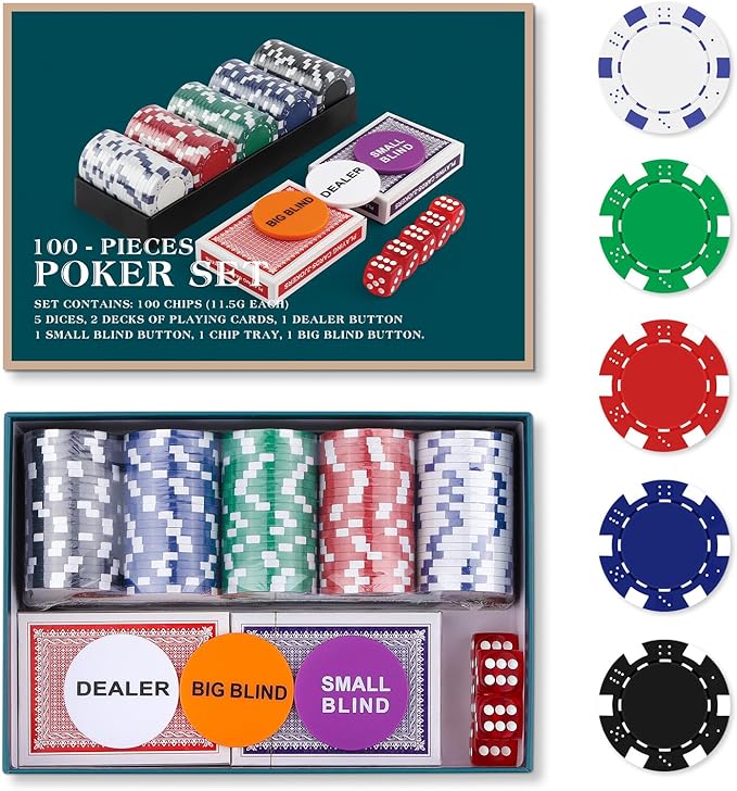 Poker Chip Travel Set, 100PCS 5 Color Professional Poker Chips in Cardboard Gift Box, 11.5 Gram Clay Composite Casino Poker Chips for Casino Card Games Texas Holdem Blackjack