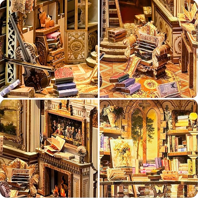 DIY Book Nook Kit, DIY Miniature Dollhouse Kit for Adults and Teens, Book Nook Bookshelf Insert Decor 3D Wooden Puzzle Bookend Miniature Kit with Sensor Light Creative Craft (Victorian Library)