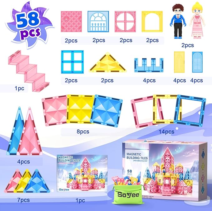 Diamond Magnetic Tiles for Kids: Magnet Building Blocks for Girls & Boys Age 3-8 Princess Castle Toy Birthday Sensory Game 4 5 6 7 8 12 Year Old Learning Classroom Must Have Decor