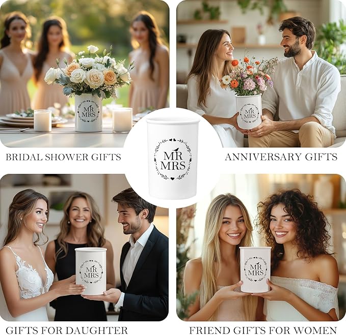 AW Bridal Mr and Mrs Wedding Vase Decorations, Bridal Shower Gifts for Bride, Wedding Table Decorations for Women Friends, Anniversary Engagement Gifts for Couples and Newly Engaged