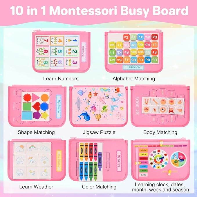 Toddler Busy Board Montessori Toys, Sensory Toys for 1 2 3 4 Year Old Girl, Busy Book Travel Educational Activities for Learning Fine Motor Skills Birthday Gifts (Pink Unicorn/P10)