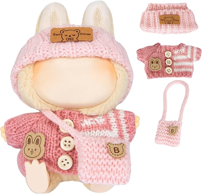 17cm Doll Clothing for Labubu - Kawaii Chic Style Set for 17cm Dolls, Cute Doll Outfit with Accessories -Button Up Stripe Pink Sweater + Pink Hat + Pink Bag (Clothes Only)