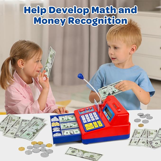 Calculator Cash Register Toy Gift for Kids Age 3, 4, 5, 6, 7, 8+ Year Old, 103 Pcs Grocery Store Playset with Microphone, Credit Card, Cash Register for Toddlers Kids 4-8