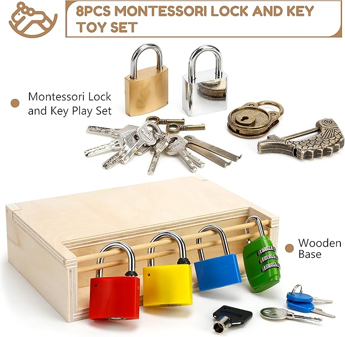 Woodtoe 8 PCS Montessori Lock and Key Toy, Montessori Toys for 3 4 5 Year Old, Kids Tool Set, Montessori Materials Preschool Learning Sensory Toy, Fine Motor Skills, STEM Toys for Toddlers Kids