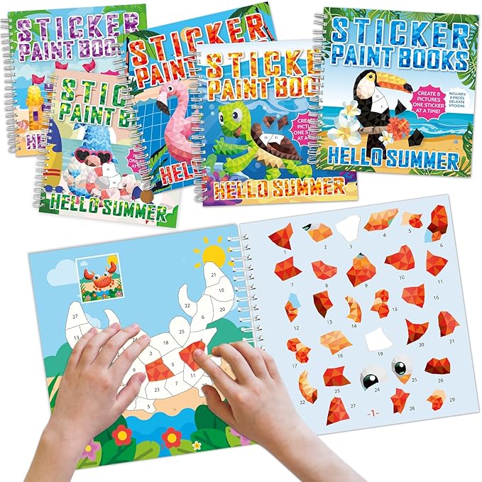 6Pcs Summer Paint by Sticker Books Hello Summer Sticker by Number Books Activity Book Puzzle Book Craft Art Gift with Crab Flamingo Turtle Toucan 48 Pictures Party Favors