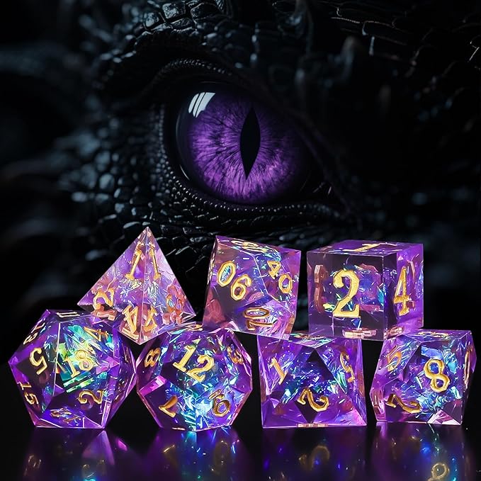 QMAY Resin Mystery Dice Set, 7 Pcs Handmade Sharp Edge Polyhedral Dice, Random Various Styles DND Dice & Dice Bag, DND Gifts, Suitable for Dungeons and Dragons, RPG, MTG,Role Playing Table Game