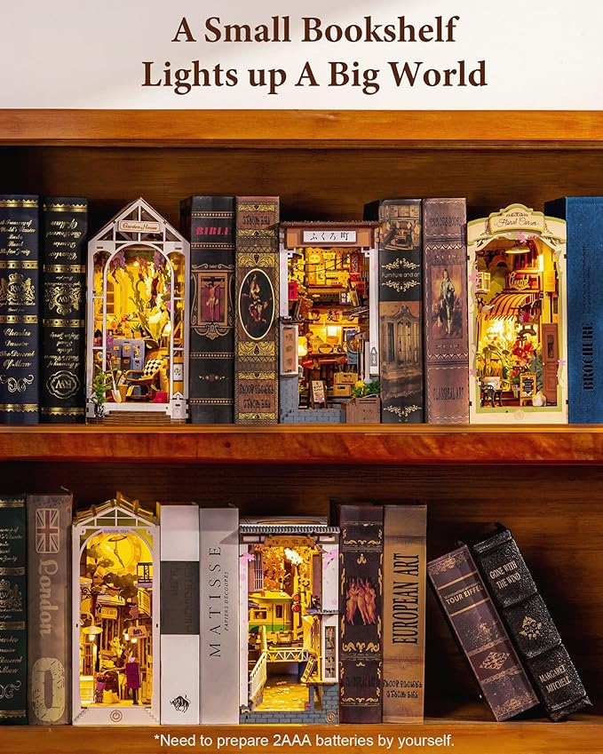Rolife DIY Book Nook Kits for Adults, Miniature Dollhouse Booknook Kit, 3D Wooden Puzzle Creative Decorative Bookends Bookshelf Diorama Insert Crafts Hobbies Gifts (Sakura Wine Alley)