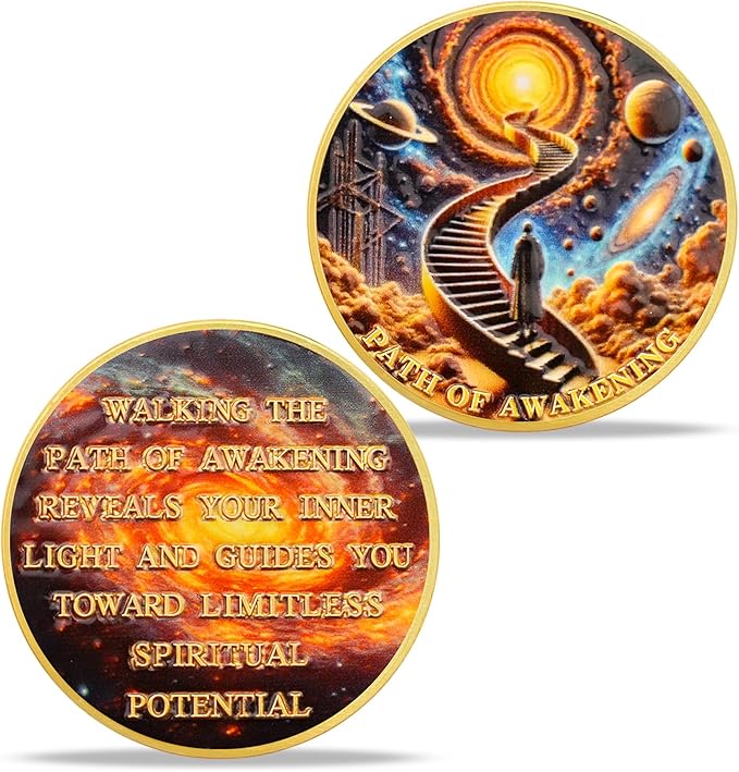Path of Awakening Sobriety Coin Recovery Medallion with Golden Staircase Cosmic Design AA Token Sober Chip for Spiritual Growth Sobriety Gifts