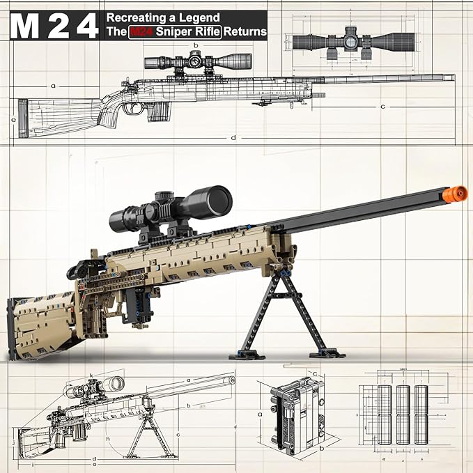 M24 Building Blocks Gun-Sets for Adults Boys, 1:1 Sniper Rifle Big Model Kit That Shoot Army Toys for Kids Age 8+, Realistic Military Collection Cool Birthday Gifts for Teen Men 1380pcs