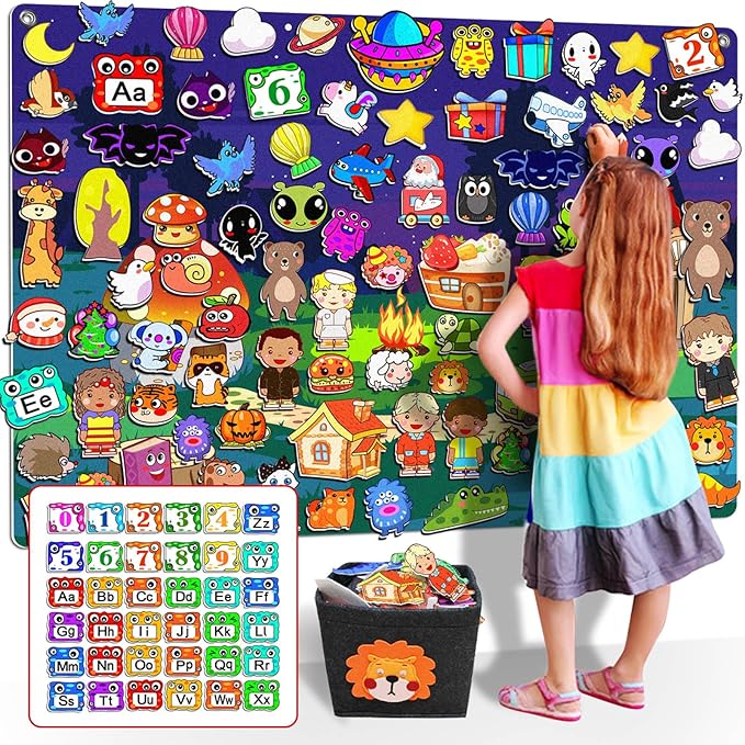 200Pcs Felt Story Board Set with Storage Bag Preschool Teaching Wall Flannel Busy Board Bonfire Party Themed Early Learning Interactive Play Toys Wall Hanging Gift for Toddlers Kids 40 X 28 Inch