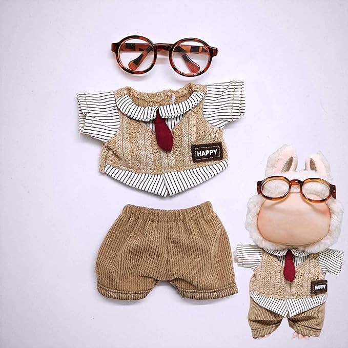 Doll Clothes Set for 17cm Doll Compatible with Labubu Clothes Dolls Accessories Dress Up Suitable for 6.7" Dolls (No Doll) (Brown Dress)