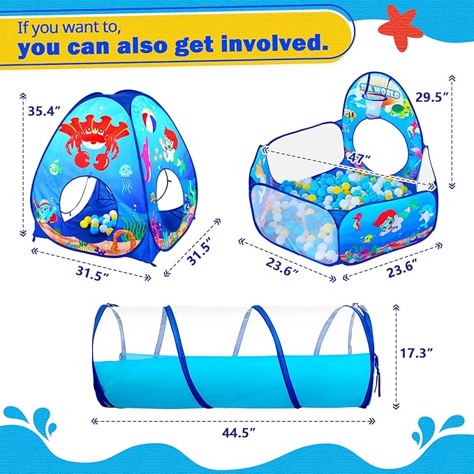 3-in-1 Kids Ball Pit with Play Tent & Tunnel - Indoor/Outdoor Pop Up Playhouse for Toddlers & Kids, Ages 3-5