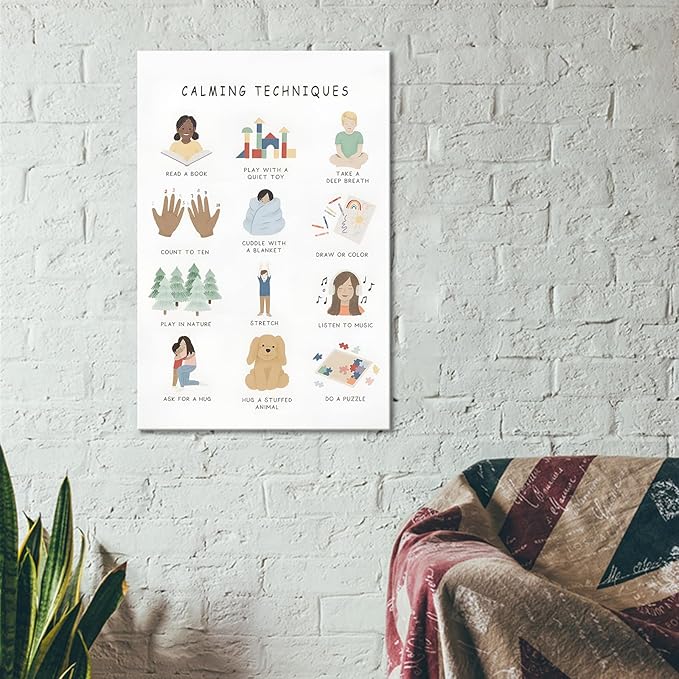 Feelings Calming Techniques Canvas Wall Art Calming Corner Classroom Mental health Posters Boho Emotions Chart for Kids Prints Special Education Wall Decor for Office School 12x16in Framed
