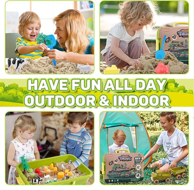 Play Sand Farm Toys, Farm Sensory Bins with 2.2lb Play Sand, Animal, Take Apart Truck Trailer Playset, Creativity Sandbox Toys with Lid for Kids 3 4 5 6 Years Old