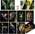Scratchboard Art for Adult Luminous Scratch Painting Kits, A5 Scratch Art Rainbow Painting Paper 8 Sheet with 4 Tools, Scratchboard for Teens & Adults, Fun Creative Craft Toy/Gifts/Decor, Animals