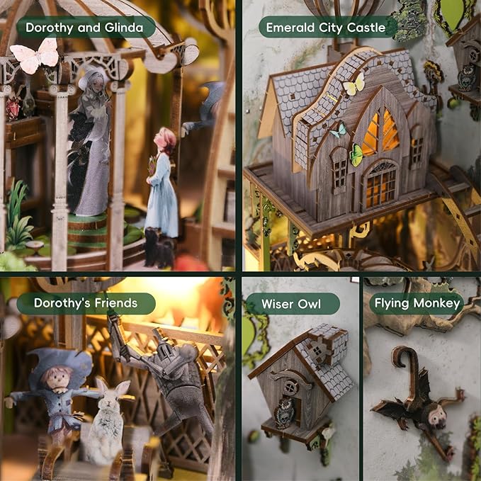 DIY Book Nook Kit, DIY Miniature Dollhouse Booknook Kit, Wooden 3D Puzzle Bookend Bookshelf Insert Decor with LED Light for Teens and Adults (Dorothy's Journey)