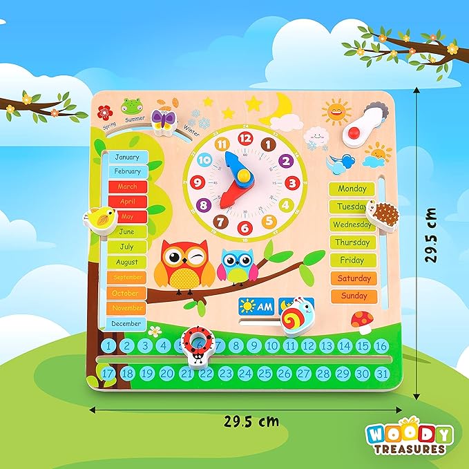 Montessori Wooden Toys Kids Clock - Wooden Toy for 3 Year Olds - Unique Learning Toy for Toddlers Learn About Seasons, Months, Days of Week, Time Telling - Educational and Fun