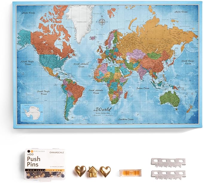 Canvas World Map with Cork Pin Board - English Lettering - Decorative Wall Decoration for All Rooms - Canvas Pictures with World Map Motif (70x50 cm, Pattern 21)