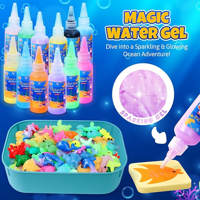 Glow in The Dark, Magic Water Elf Toy Kit, Aqua Fairy Water Gel Kit, 12 Gels 12 Ocean Molds, Squishy Maker Party Birthday Toys Gifts for 3-12 Years Boys Girls, Arts & Crafts DIY STEM Kits for Kids