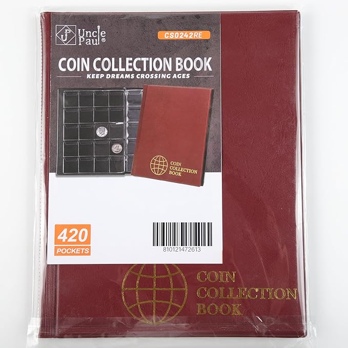 420 Pockets Coin Albums - 28x29 mm/1.1x1.1 inch Pocket Red Coin Book 10 Pages Coin Collection Holder Letter Size Coin Storage Book CS0242RE